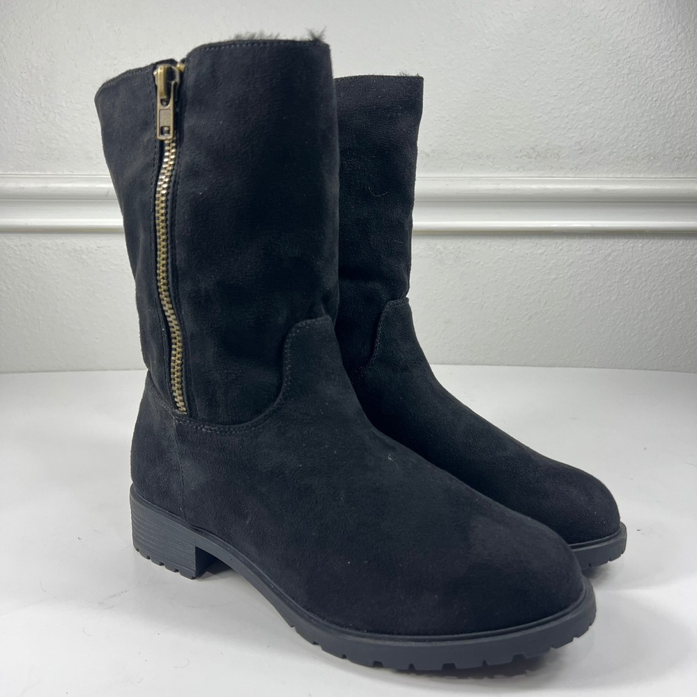 Lane Bryant Mid Calf Boots Faux Suede Fur Lined Lug Sole Cozy Black Womens 10W
